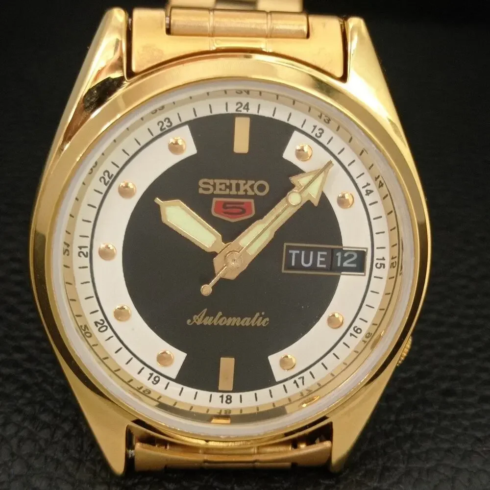 Vintage 1970 Seiko Automatic Mens Gold Watch W/daydate & Black accents